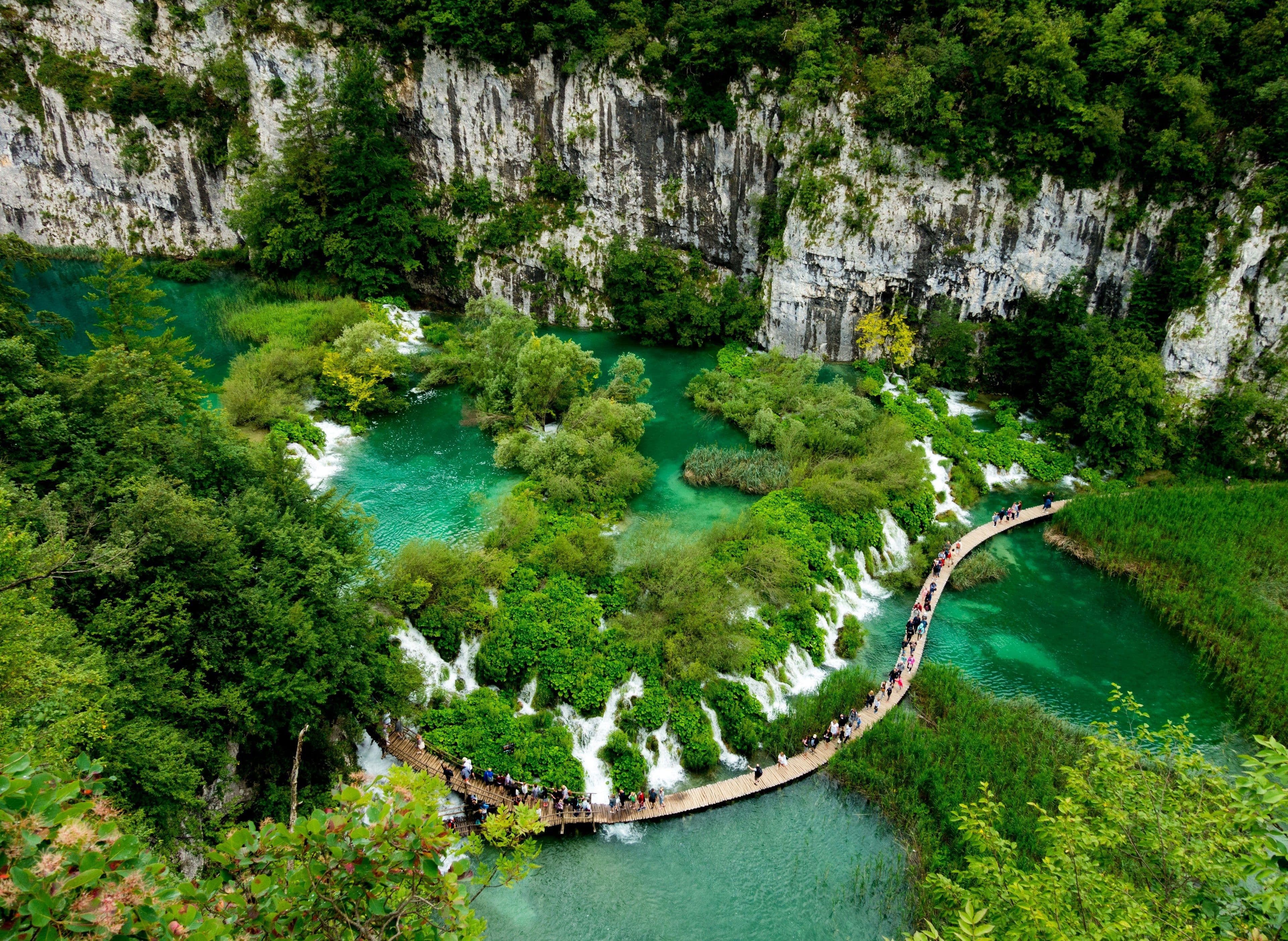 Terraced turquoise lakes and boardwalks at Plitvice Lakes National Park Croatia